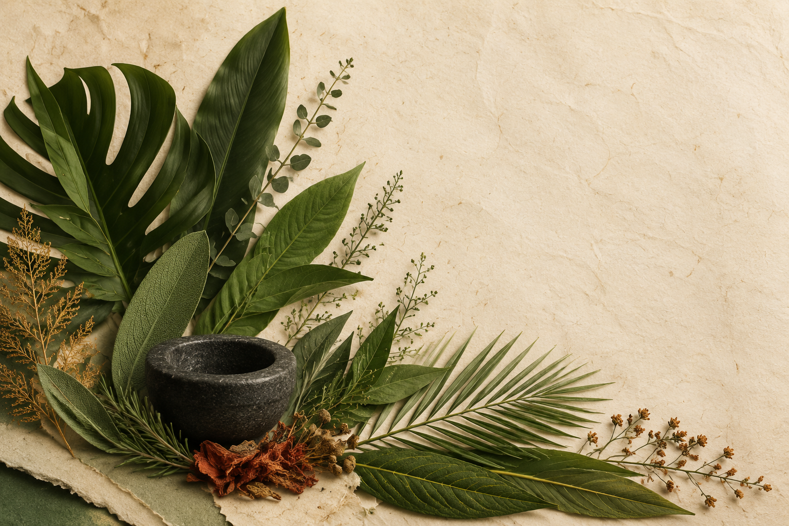 An elegant arrangement of fresh medicinal leaves and herbs